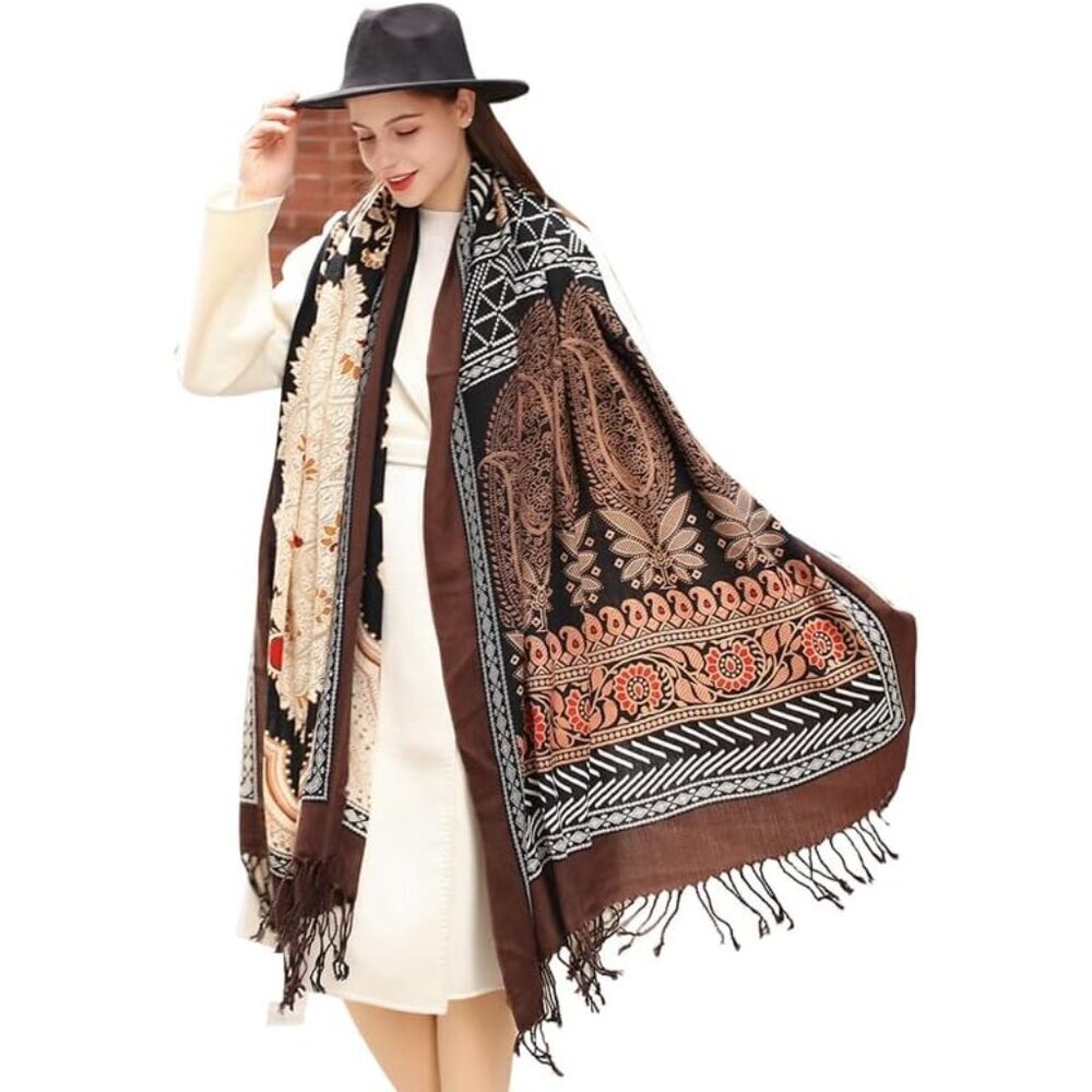 Merino Wool Shawl Oversized Travel Wrap with Tassels Soft Warm Style